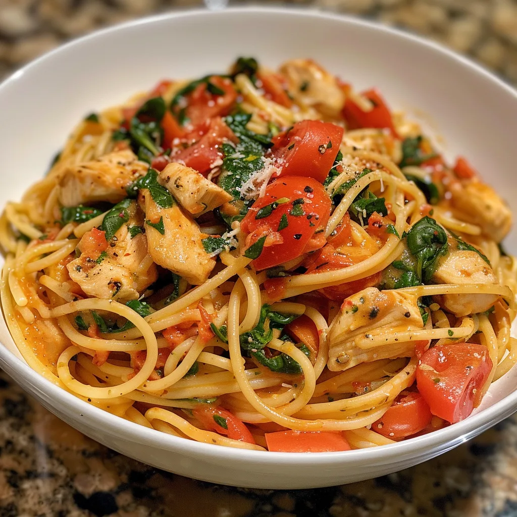 Tomato Spinach Chicken Spaghetti – Creamy, Flavor-Packed & Easy Dinner!