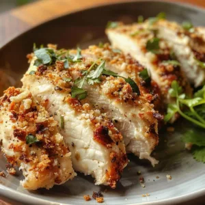 Delicious air fryer garlic-parmesan chicken breast plated with herbs and lemon
