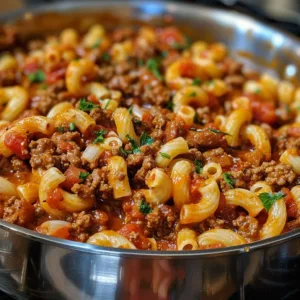 A delicious serving of American Goulash in a bowl, garnished with parsley.