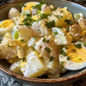 Amish potato salad served in a bowl with fresh herbs
