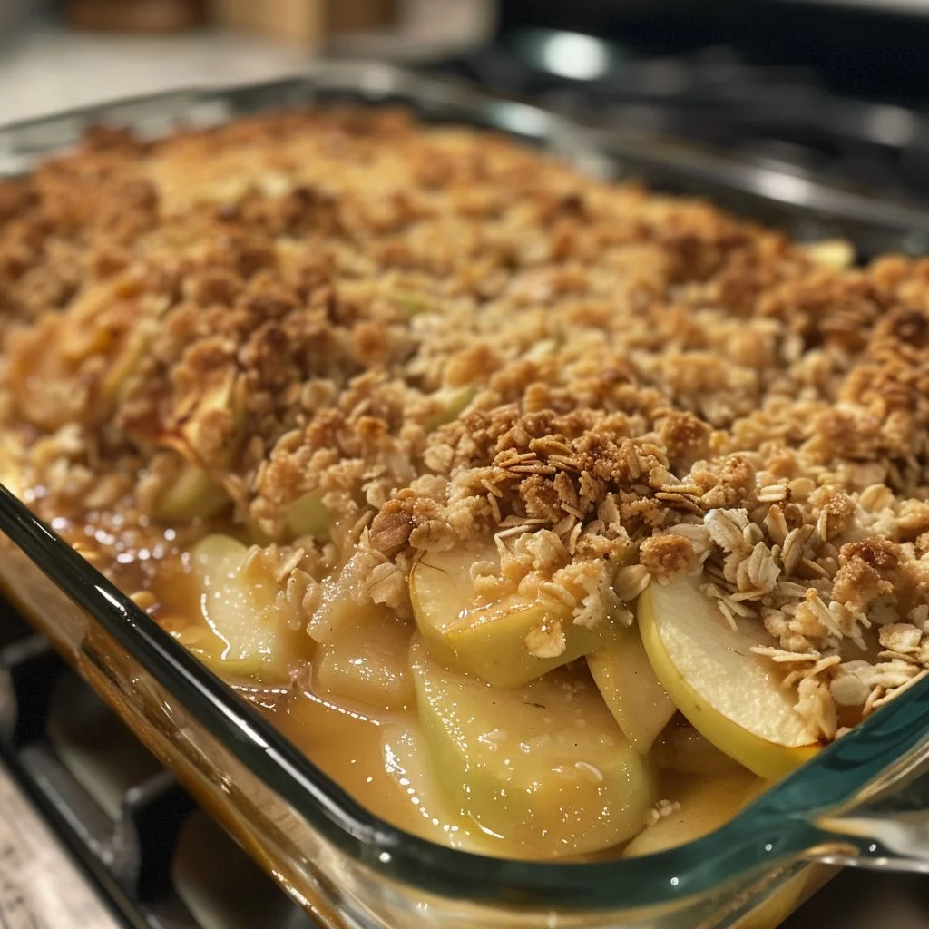 Delicious homemade apple crisp topped with a crunchy oat mixture.