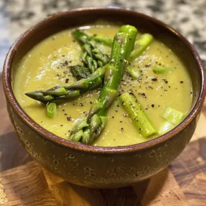 A bowl of light and fresh asparagus leek soup garnished with herbs