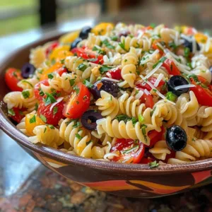 Bowl of authentic Italian pasta salad with fresh vegetables and herbs