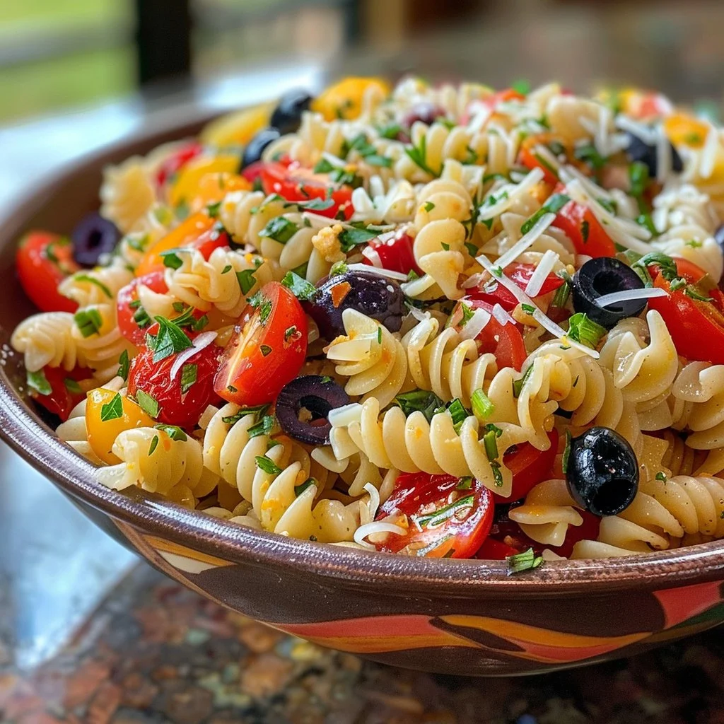 Bowl of authentic Italian pasta salad with fresh vegetables and herbs