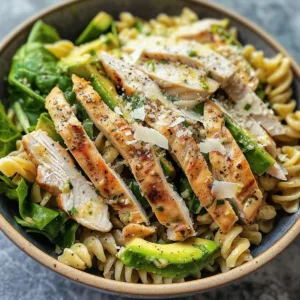 Avocado Chicken Caesar Salad with pasta, chicken, lettuce, and Caesar dressing.