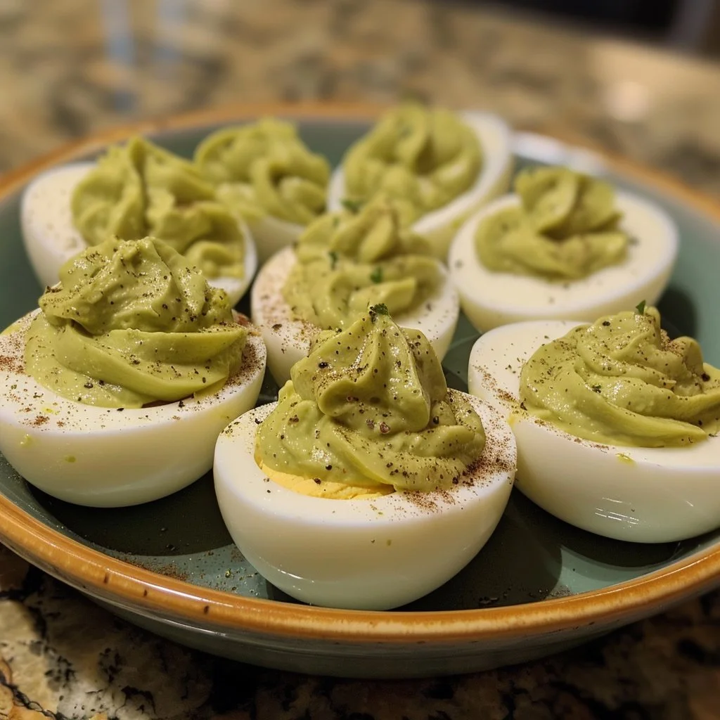 Plate of avocado deviled eggs garnished with herbs