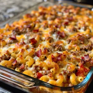 Delicious Bacon Cheeseburger Casserole served hot with cheese and bacon toppings.