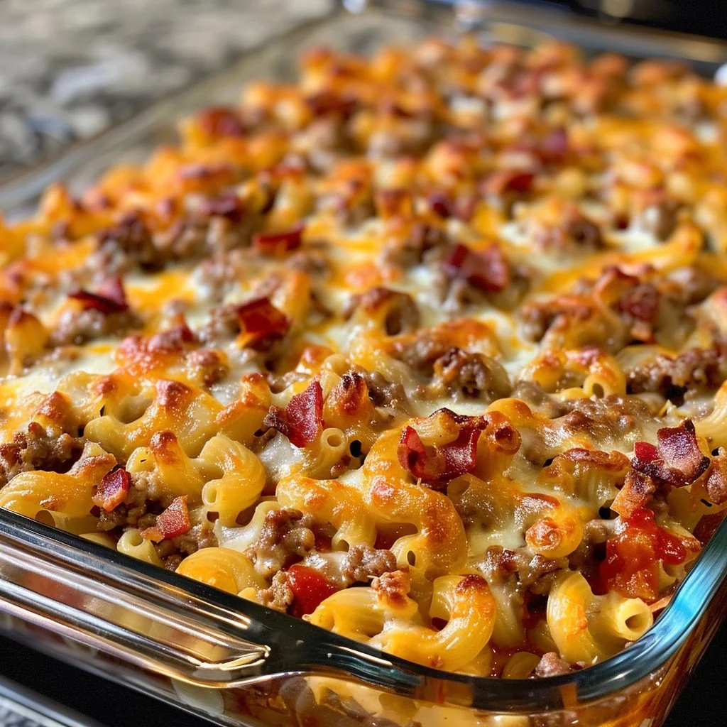 Delicious Bacon Cheeseburger Casserole served hot with cheese and bacon toppings.