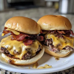 Bacon Cheeseburger Sliders Recipe 2 Delicious Bacon Cheeseburger Sliders on a platter, ideal for gatherings