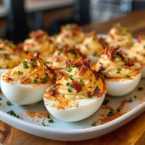 Bacon Deviled Eggs garnished with crispy bacon bits and paprika