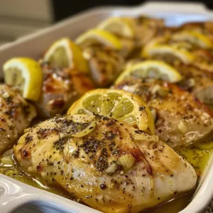 Baked lemon garlic chicken served with fresh herbs