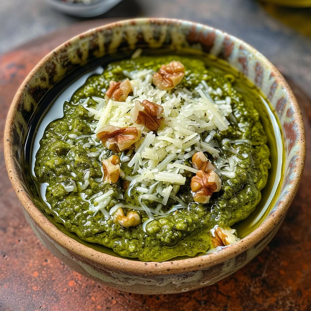 Basil walnut pesto served in a bowl with fresh basil leaves and walnuts.