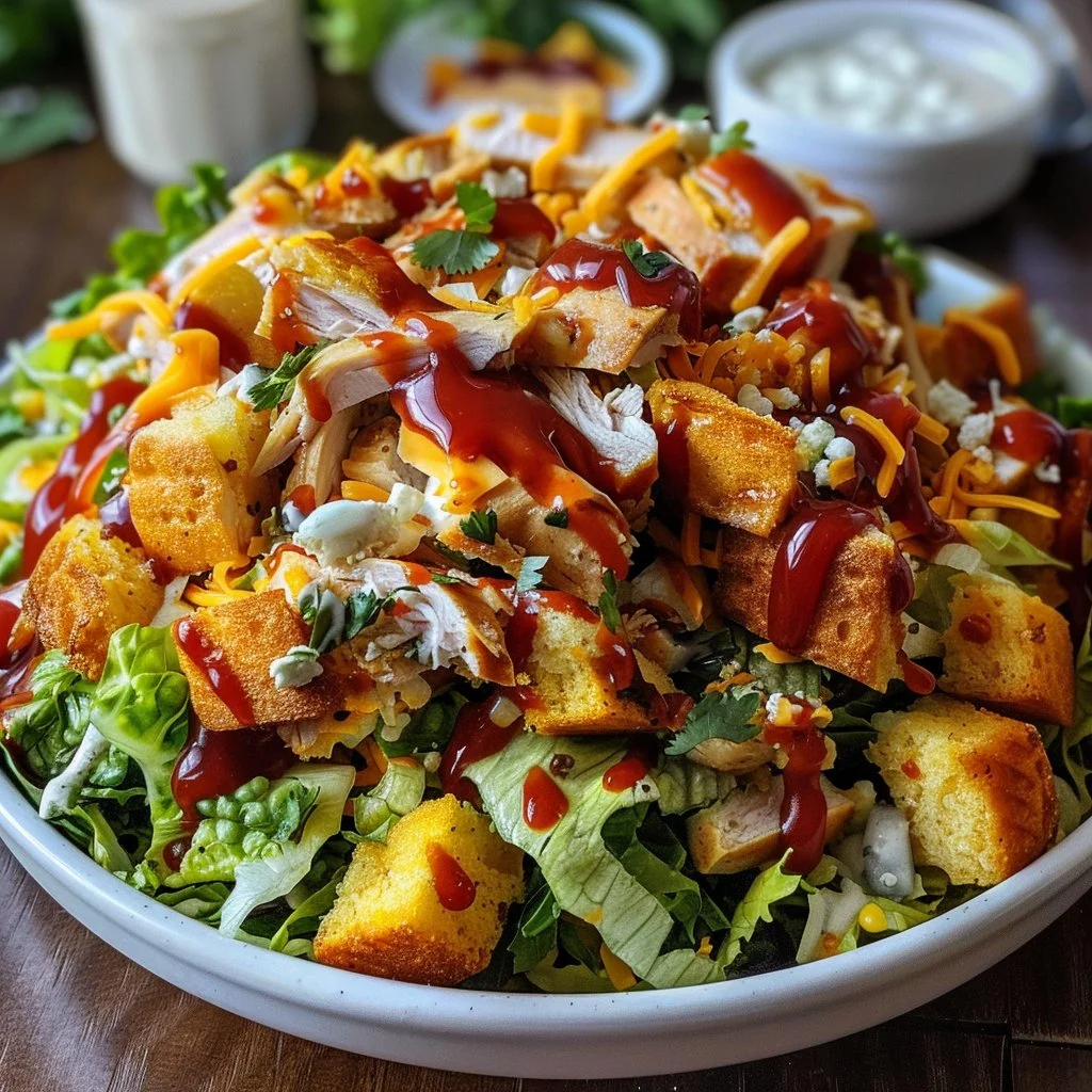 BBQ Chicken Cornbread Salad served on a plate garnished with fresh herbs