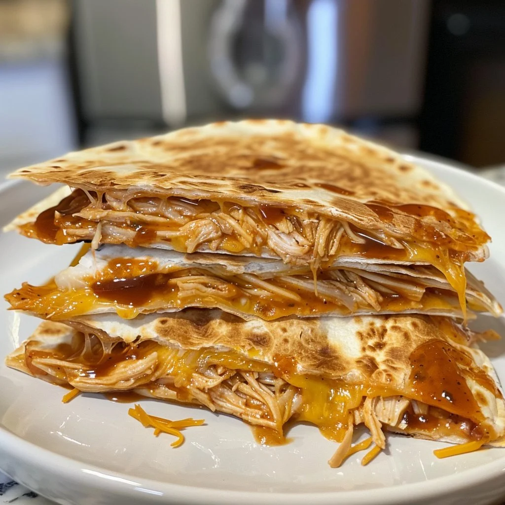 Delicious BBQ chicken quesadilla served with dipping sauce on a plate