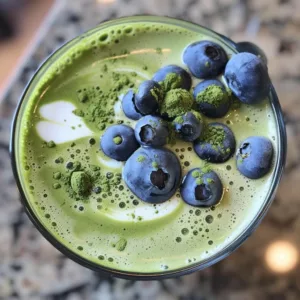 Blueberry Almond Matcha Latte served in a glass with blueberries and almonds