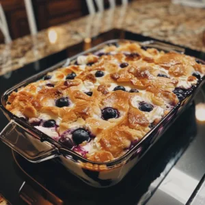 Blueberry dump cake with cream cheese topping fresh from the oven.