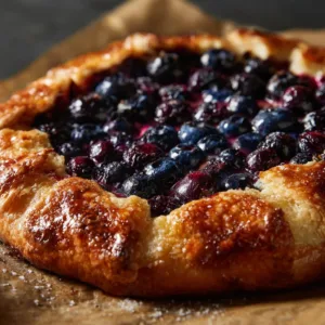 Freshly baked blueberry galettes on a rustic wooden table.