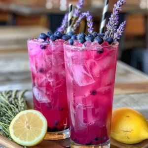 Refreshing blueberry lavender lemonade in a glass with ice and lavender sprigs