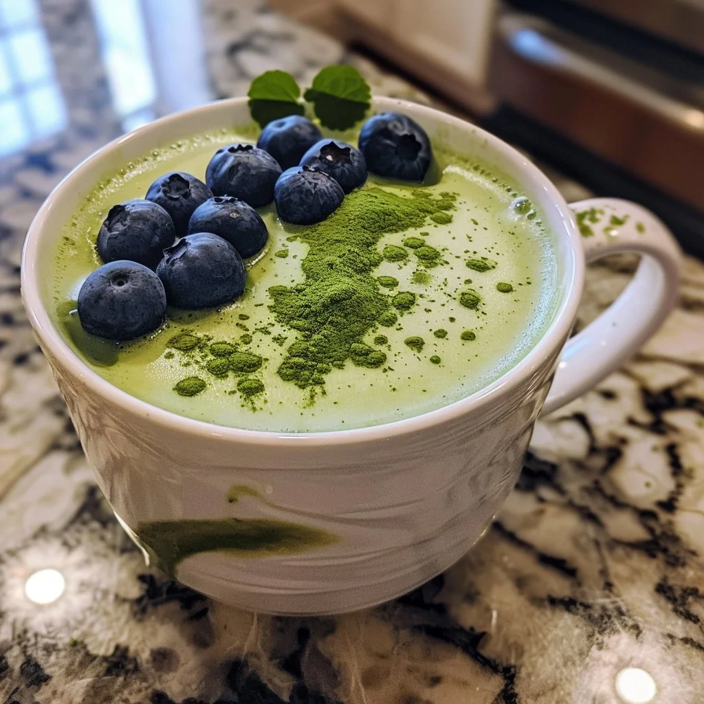 Homemade Blueberry Matcha Latte in a cup with fresh blueberries on the side
