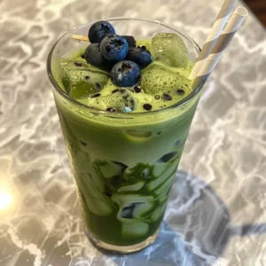 Sparkling Blueberry Matcha Latte topped with blueberries and matcha powder