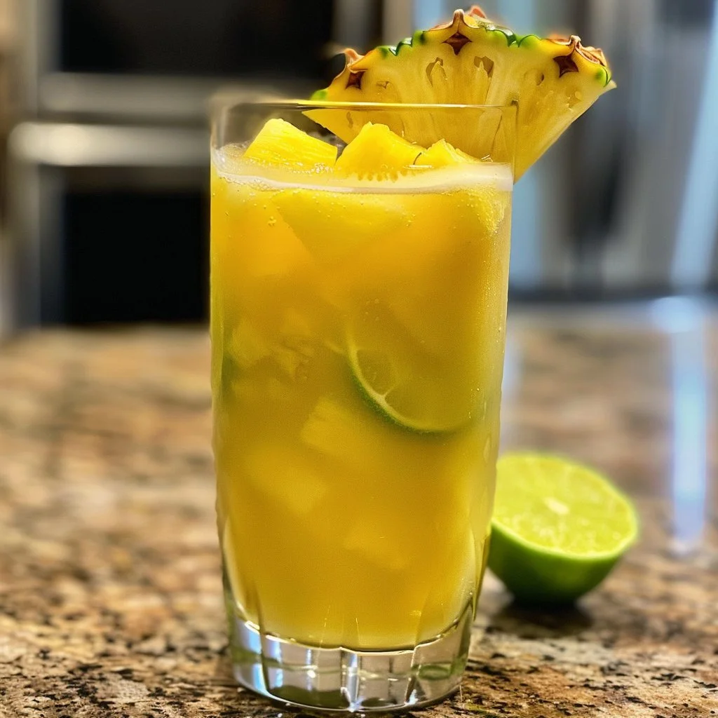 Refreshing Brazilian pineapple lemonade served in a glass with ice and fruit slices.