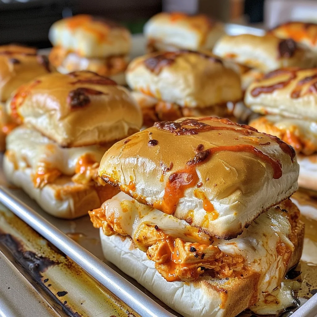 Buffalo Chicken Sliders garnished with green onions on a white platter