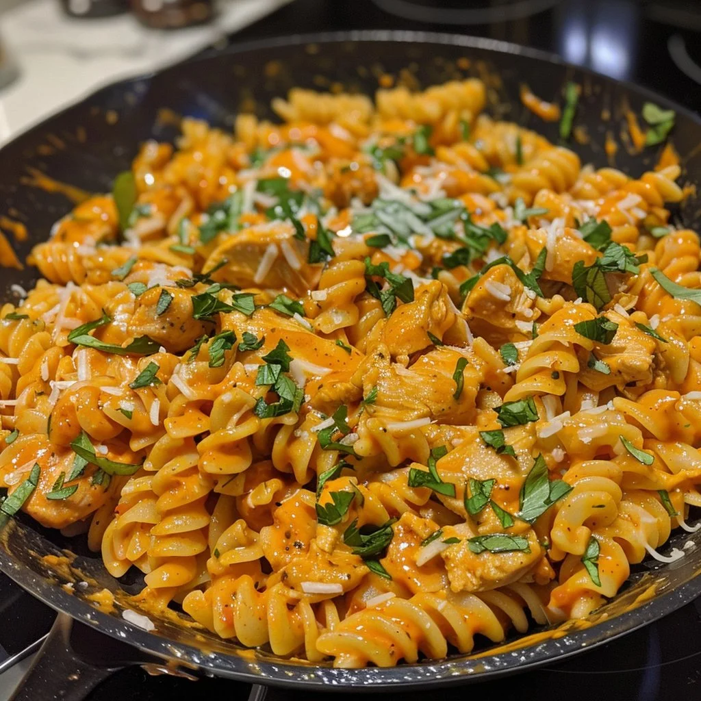 Buffalo Ranch Chicken Pasta served in a bowl, garnished with herbs.