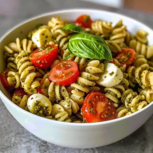 Delicious Caprese Pesto Pasta Salad with fresh tomatoes and basil