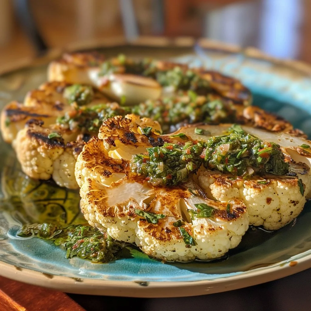 Cauliflower steaks drizzled with chimichurri sauce on a white plate