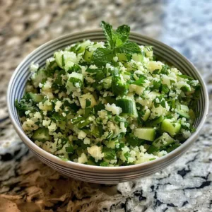 Cauliflower Tabbouleh Salad with parsley and mint served in a bowl