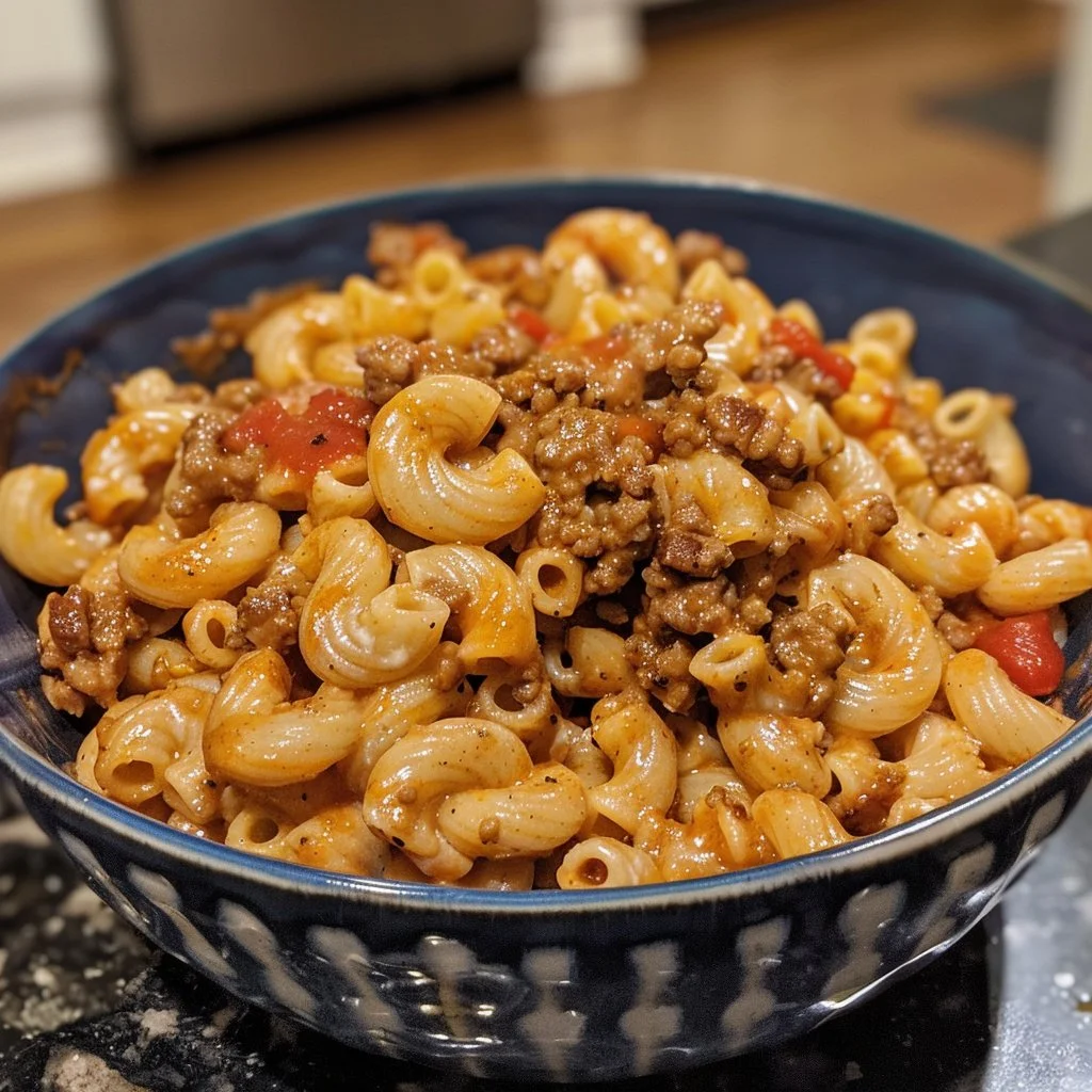 Creamy Cheeseburger Macaroni with ground beef and pasta in a bowl