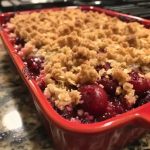 Delicious cherry crisp cobbler topped with a crunchy oat crumble