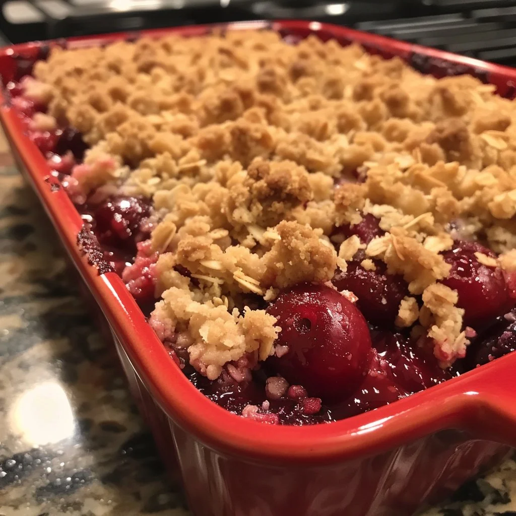 Delicious cherry crisp cobbler topped with a crunchy oat crumble