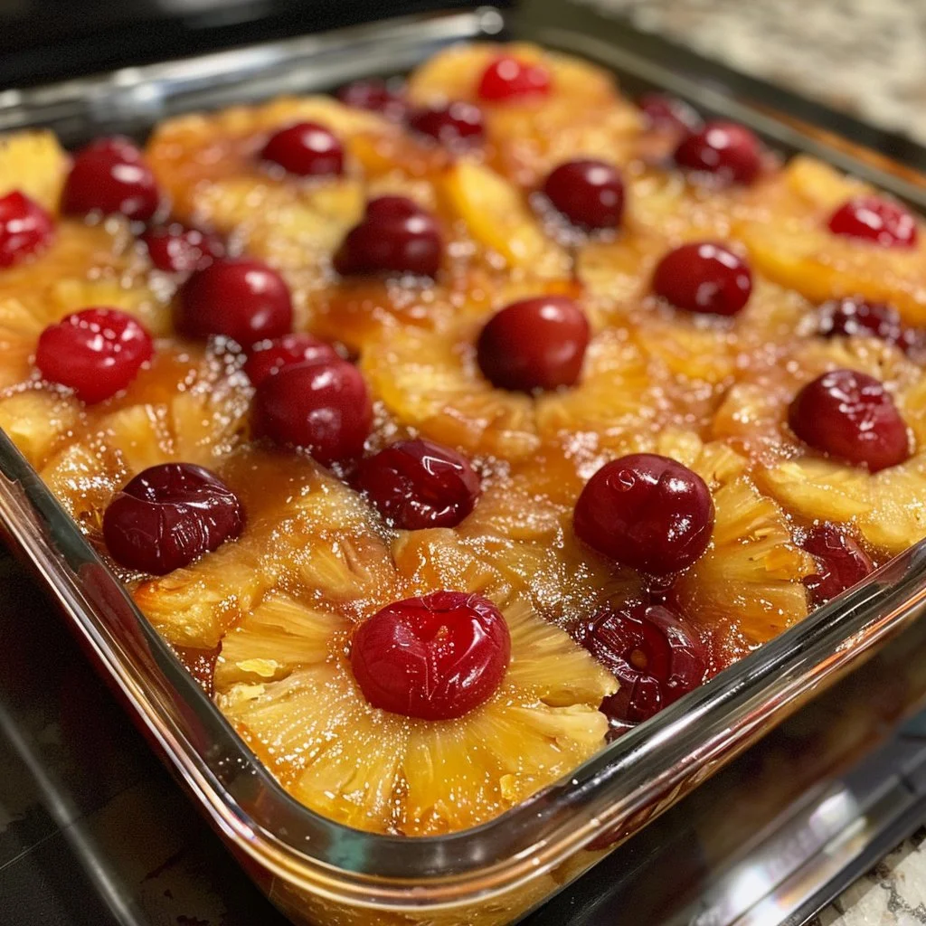 Delicious Cherry Pineapple Upside-Down Cake topped with cherries and pineapple