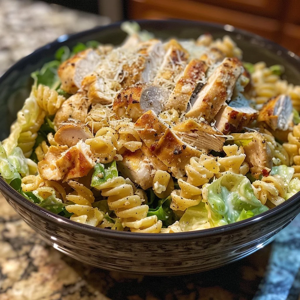Delicious Chicken Caesar Pasta Salad with fresh ingredients and Caesar dressing