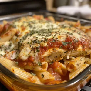 Chicken Parmesan Pasta 2 Delicious Chicken Parmesan Pasta topped with melted cheese and marinara sauce.