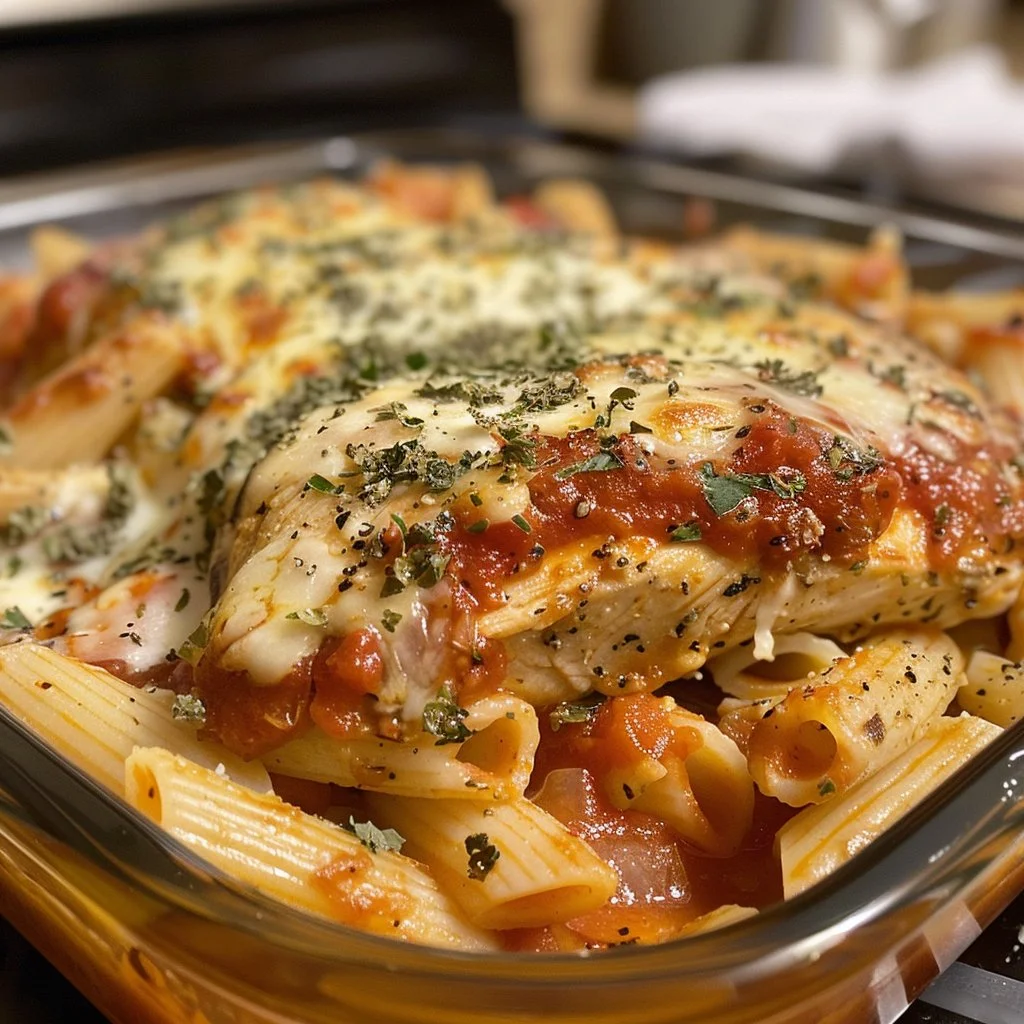 Delicious Chicken Parmesan Pasta topped with melted cheese and marinara sauce.