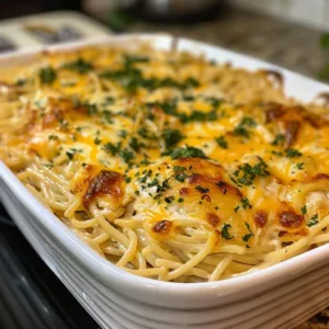 Delicious Chicken Spaghetti Bake served in a casserole dish
