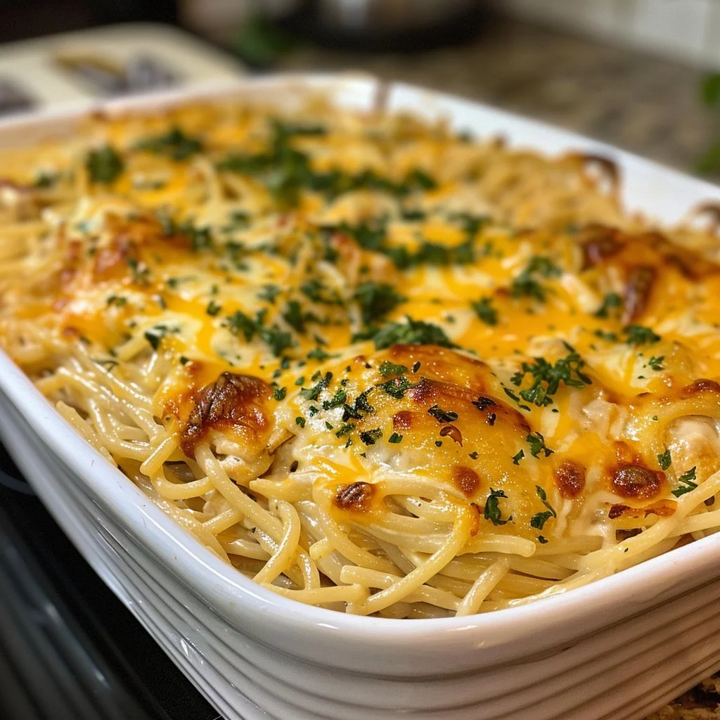 Delicious Chicken Spaghetti Bake served in a casserole dish