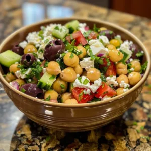 Chickpea salad with feta cheese and olives on a serving platter