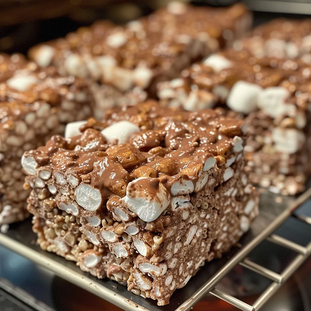 Deliciously crafted Chocolate Rice Krispie Treats with chocolate drizzle.