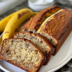 Slice of moist, classic banana bread on a wooden cutting board