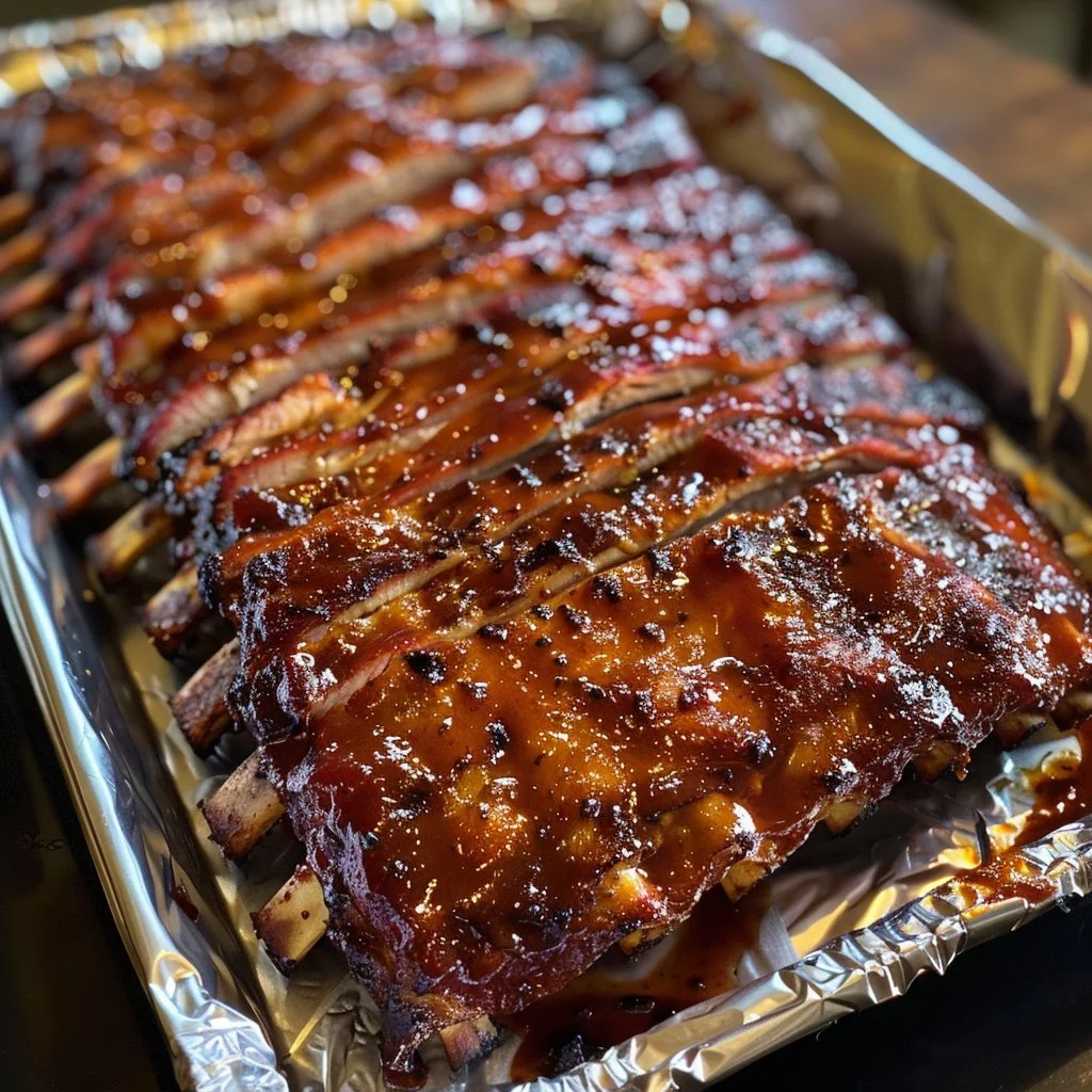 Tender and juicy classic BBQ pork ribs on a grill plate