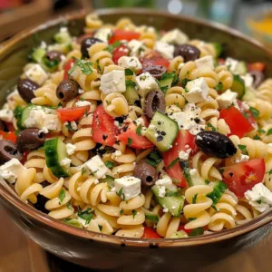 Bowl of Classic Greek Pasta Salad with olives, feta, and colorful vegetables