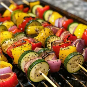 Colorful classic grilled vegetable skewers on a barbecue grill