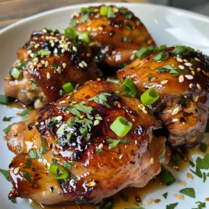 Delicious classic honey garlic chicken thighs served on a plate.
