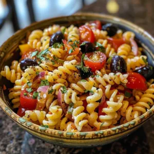 Bowl of Classic Italian Pasta Salad with fresh vegetables and dressing