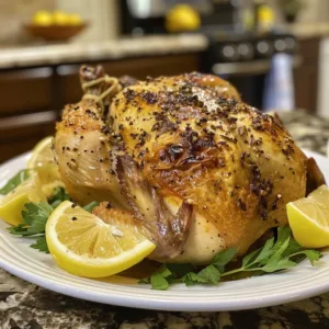 Classic Lemon Garlic Roasted Chicken served on a plate with herbs and lemon slices.