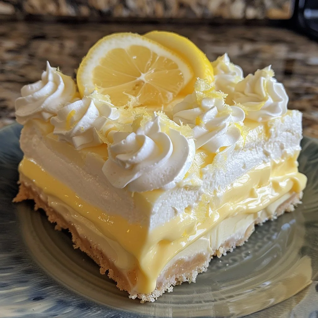 Classic Lemon Lush dessert with layers of lemon filling and creamy topping.