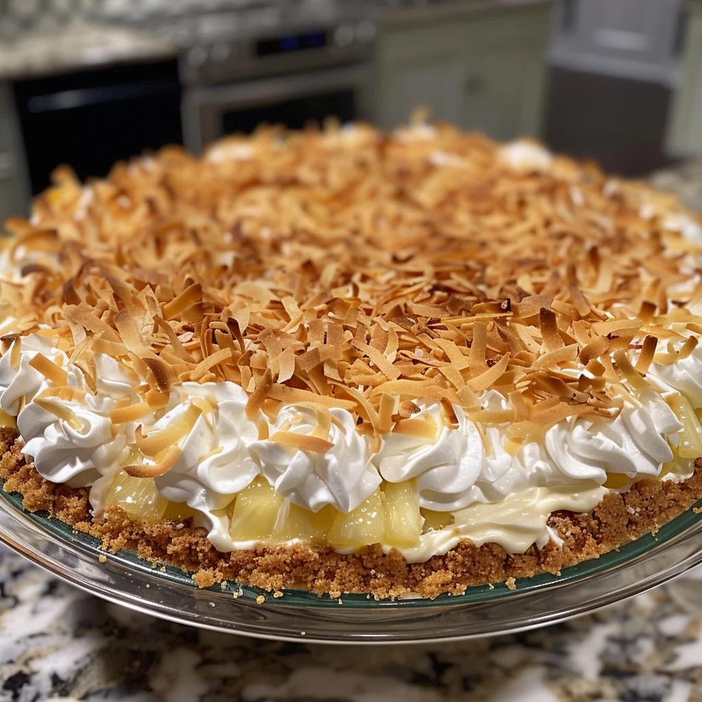 A delicious slice of classic Millionaire Pie on a plate, garnished with whipped cream.